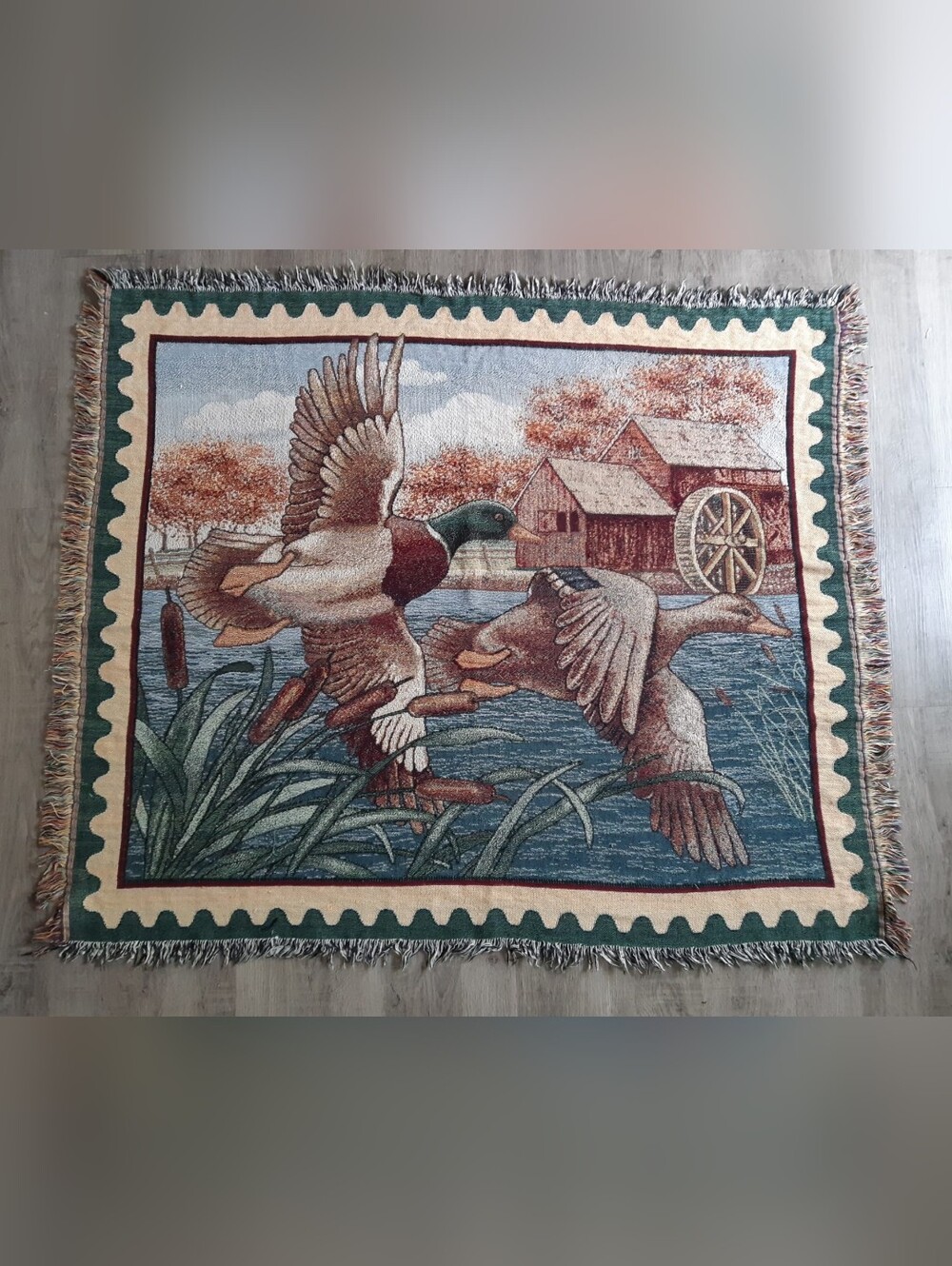 Decorative vintage Mallard Duck Tapestry in green, brown and cream